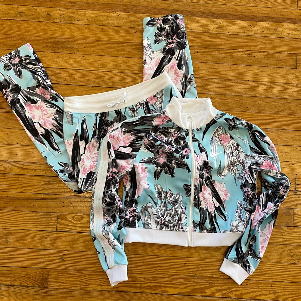 Nike Floral Print Jacket and Pants Set - Black, Pink, White, Blue